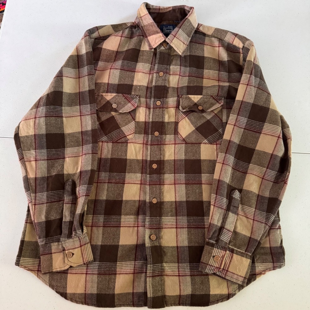 Vintage Sears Men Large Plaid Wool Flannel Shirt Brown Tan Long Sleeve Button Up